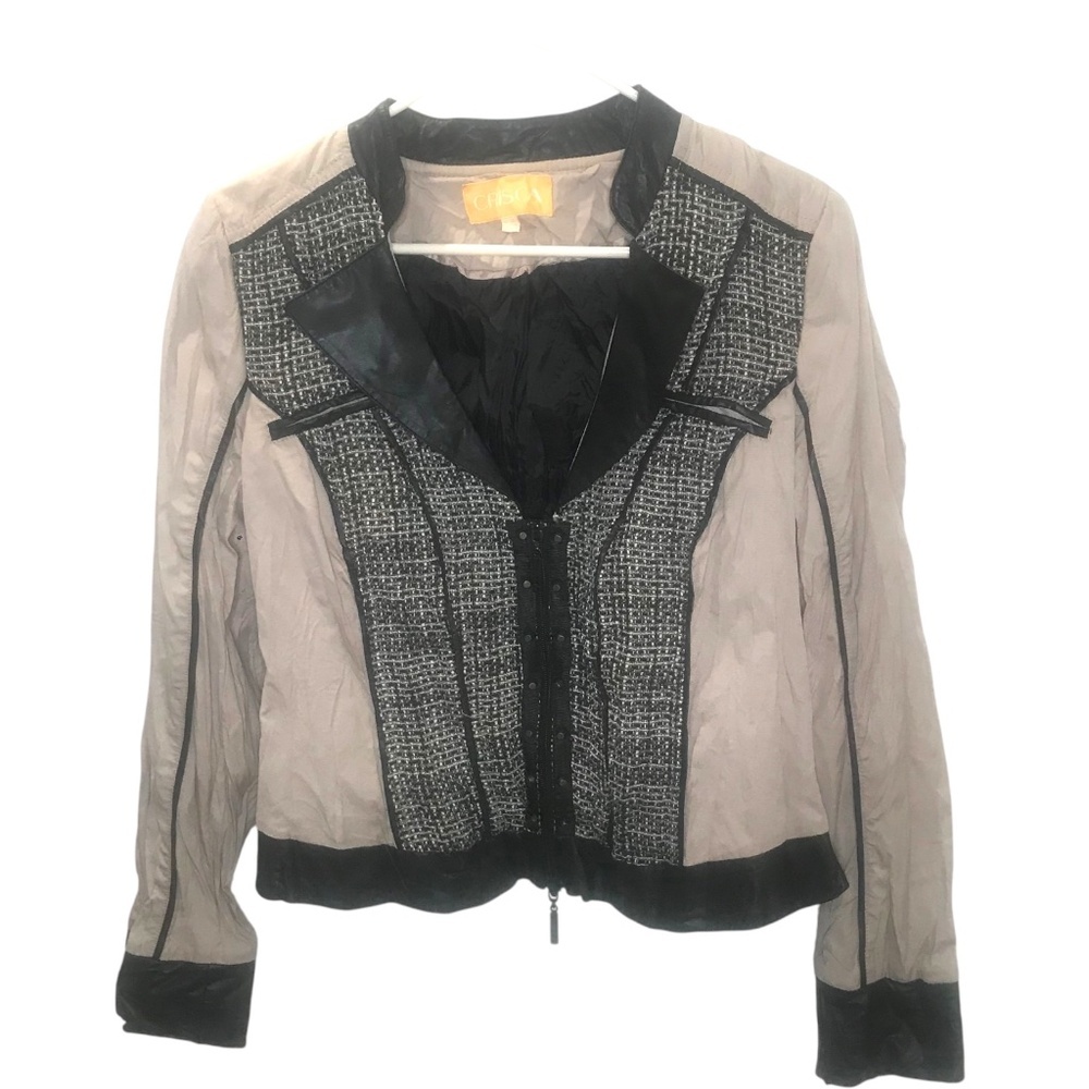 CRISCA Designer Mixed Media Moto Jacket - Tweed & Faux Leather